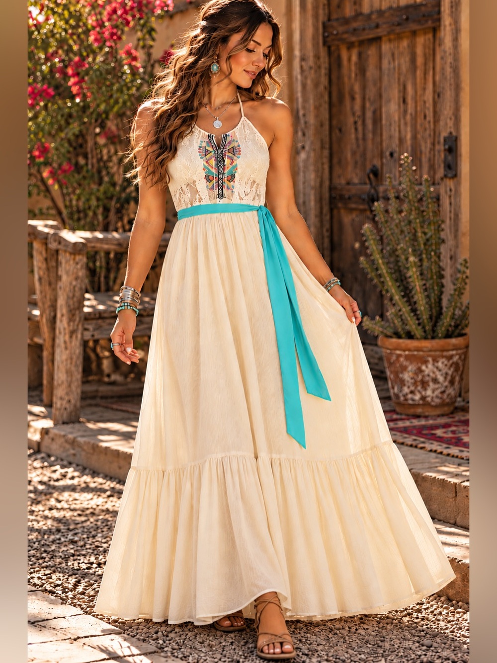Flying Tomato Embroidered Lace Halter Boho Maxi Dress M